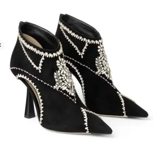 JIMMY CHOO Kendrix 100 - Suede Booties with Embroidery Black/White - Picture 1 of 15